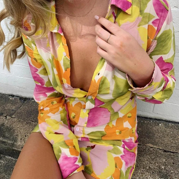 With Jean Kelly Floral Long Sleeve Button Down Shirt Mini Dress in Tutti Frutti - Picture 1 of 10